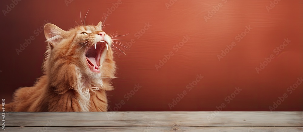 Poster a shouting cat on a bench colored red isolated pastel background copy space