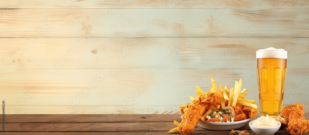 Poster southern style fried chicken with a side of potatoes and a selection of beverages isolated pastel ba