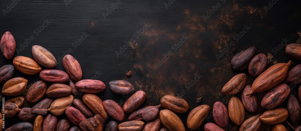 Poster Minimal and dark lighting used to create a creative flat lay food concept featuring a soft and selective focus on cocoa pods on a table isolated pastel background Copy space