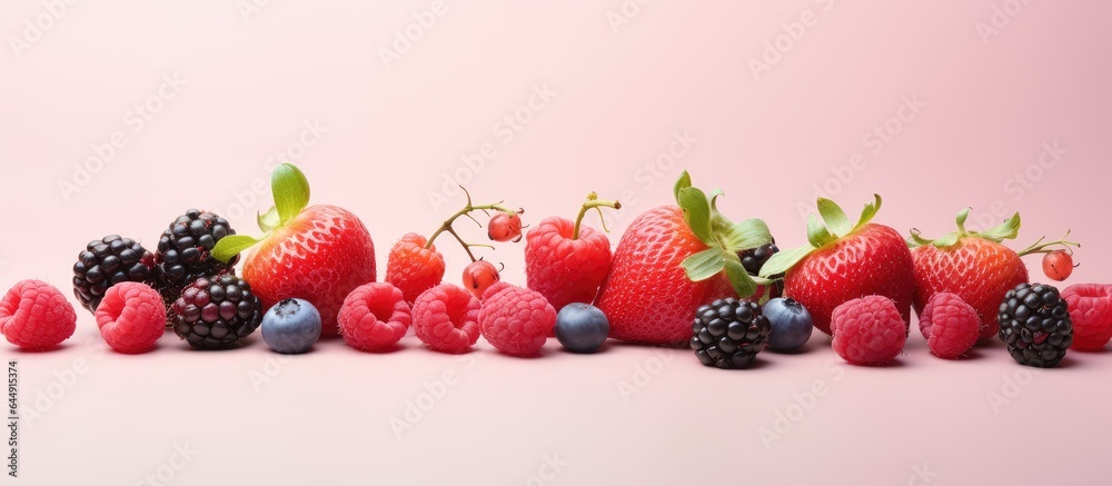 Poster delicious berries displayed on the table isolated pastel background copy space