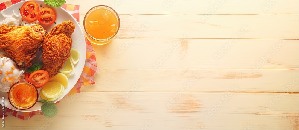 Poster southern style fried chicken with a side of potatoes and a selection of beverages isolated pastel ba