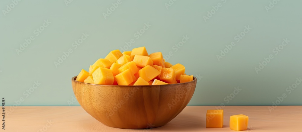 Aufkleber Dice a butternut squash in a wooden bowl isolate on a isolated pastel background Copy space with clipping path and full depth of field
