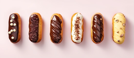 Chocolate eclairs on a isolated pastel background Copy space