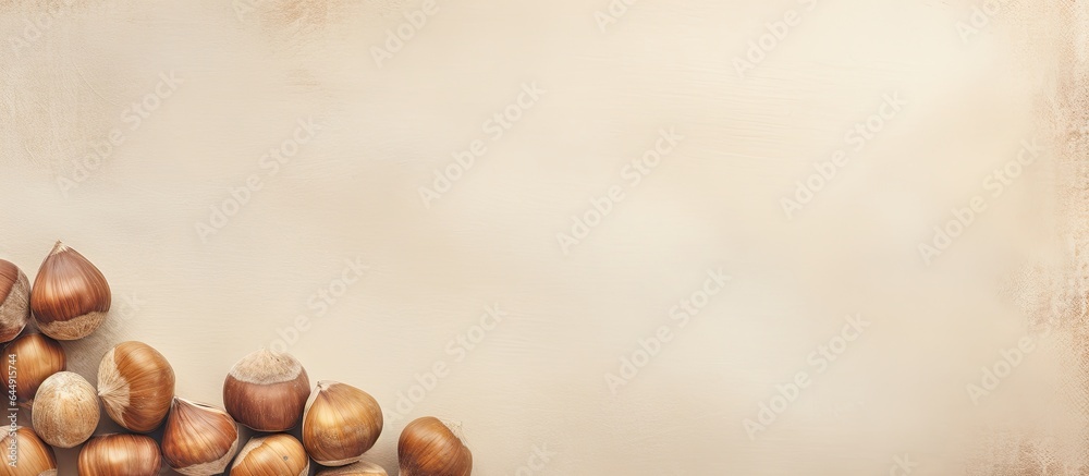 Poster isolated raw hazelnuts one broken nut for different uses isolated pastel background copy space