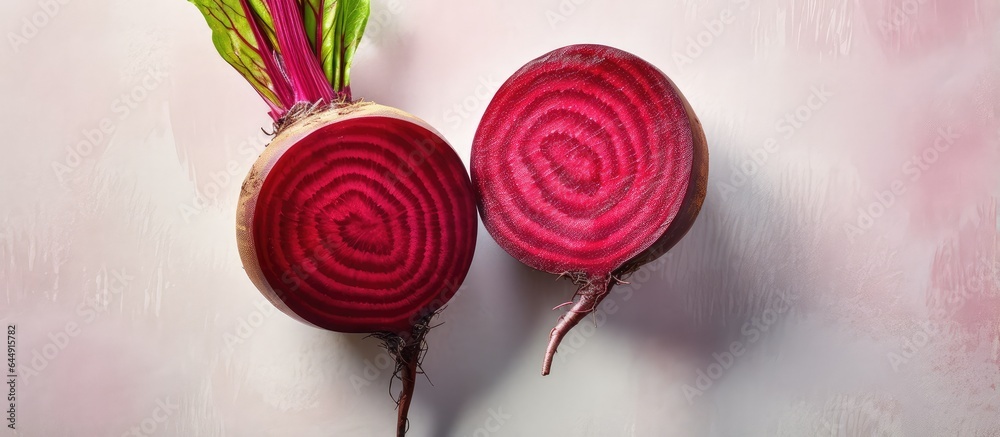 Poster sliced beetroot isolated on a isolated pastel background copy space