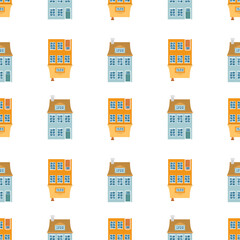 Endless background with cute vintage houses with windows and doors. Repeating print of sweet homes in Nordic Scandi style. Flat style vector illustration for fabric, wrapping, textile, wallpaper.