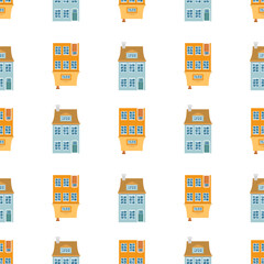 Endless background with cute vintage houses with windows and doors. Repeating print of sweet homes in Nordic Scandi style. Flat style vector illustration for fabric, wrapping, textile, wallpaper.