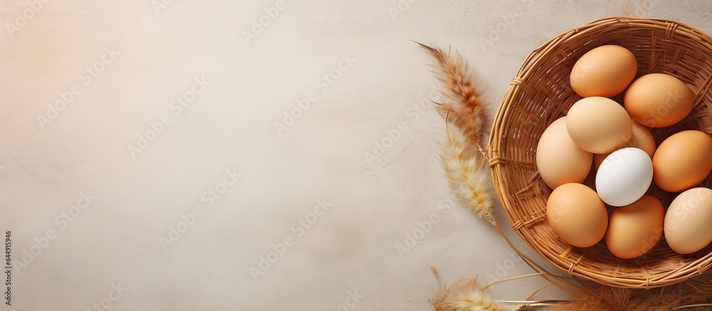 Poster chicken eggs are placed in a bamboo container on isolated pastel background copy space
