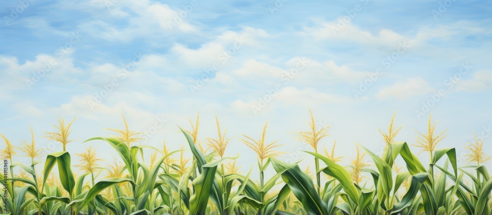 Wall mural Corn plant in meadow with sky backdrop isolated pastel background Copy space - Wall murals