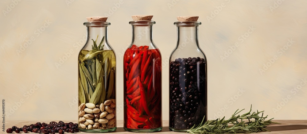 Leinwandbilder red beans and black peppers mixed with rosemary pastas and assorted spices in glass bottles of three