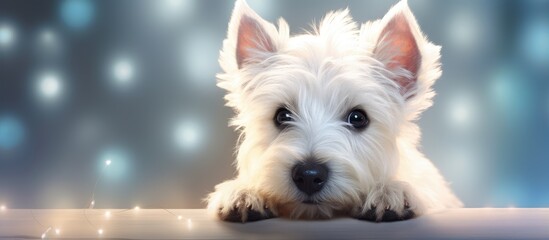 West Highland White Terrier puppy at residence anticipating near the illuminations isolated pastel background Copy space