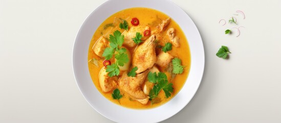 Curried chicken soup with isolated pastel background Copy space