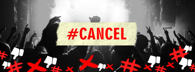 Social media, hashtag and cancel culture at a concert with people in a crowd or audience for...