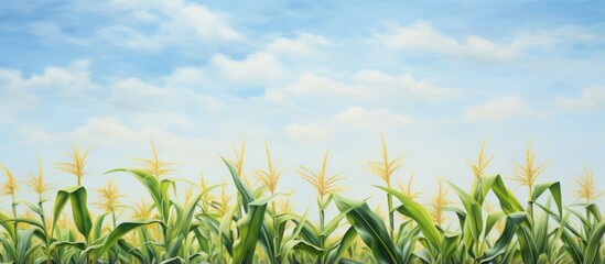 Corn plant in meadow with sky backdrop isolated pastel background Copy space