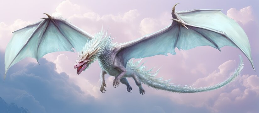 A white flying dragon rendered in 3D on isolated pastel background Copy space
