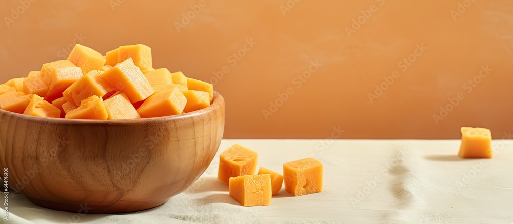 Aufkleber Dice a butternut squash in a wooden bowl isolate on a isolated pastel background Copy space with clipping path and full depth of field