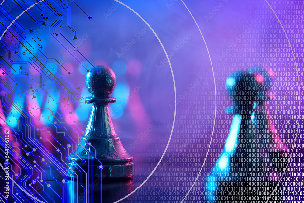Poster chess pieces on board in neon lights. circuit board pattern and binary code symbolizing artificial i