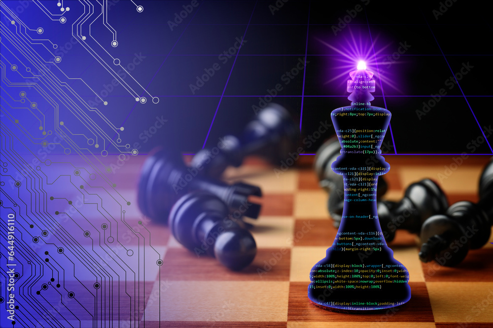 Poster chess piece filled with programming code standing among fallen ones, circuit board pattern