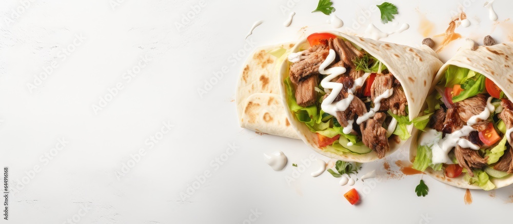 Aufkleber fresh roll of grilled meat and salad wrapped in tortilla with white sauce isolated pastel background