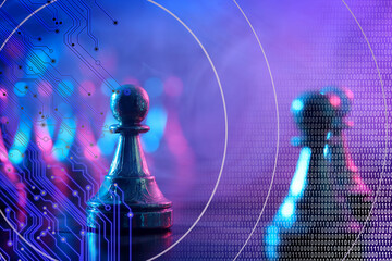 Chess pieces on board in neon lights. Circuit board pattern and binary code symbolizing artificial...