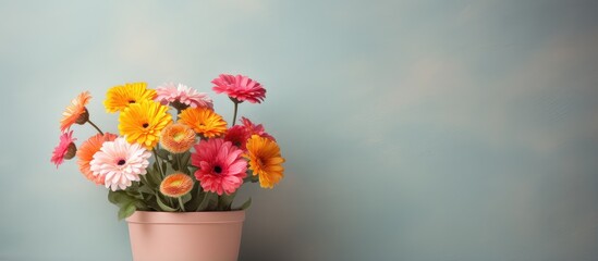 Flower in small pot with isolated pastel background Copy space
