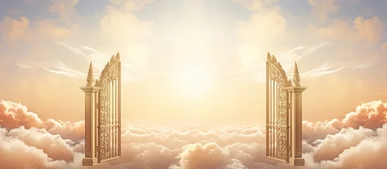 Foto op Canvas A golden gate to heaven closed in isolated pastel background Copy space © HN Works