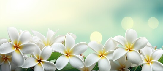 Fototapeta premium Blur style banner or card background with colorful spring flowers including Frangipani and Plumeria isolated pastel background Copy space