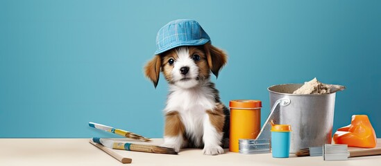 A cute dog wearing a blue hat and overalls holding a paintbrush and color samples isolated pastel...