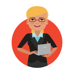 Woman head in business suit vector. Woman holding laptop in hand. Multicolored flat vector icon representing women activities and professions concept isolated on white background