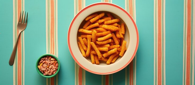 Plate with Duros a Mexican snack made of fried wheat on a vibrant Mexican tablecloth isolated pastel background Copy space
