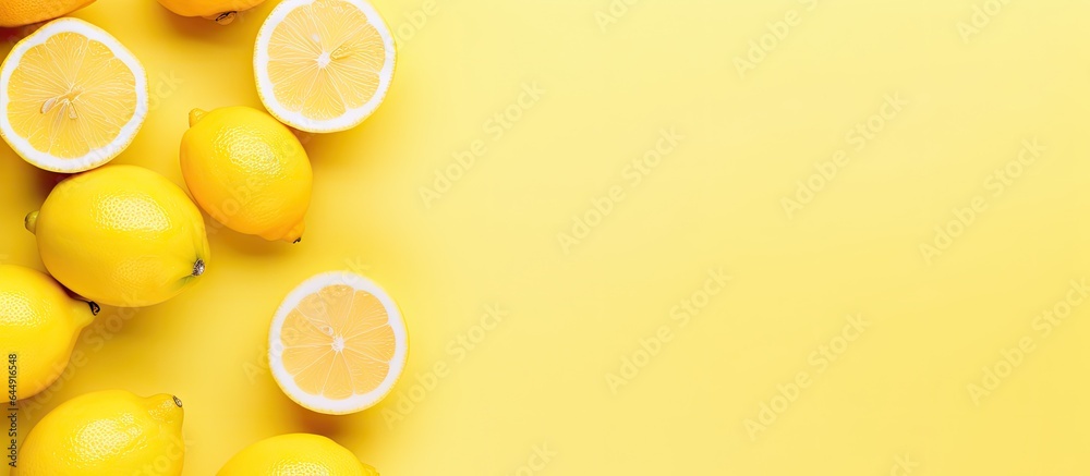 Poster top view of fresh yellow lemon fruits on a isolated pastel background copy space with copy space