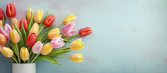 Spring tulips arranged in a vase isolated pastel background Copy space