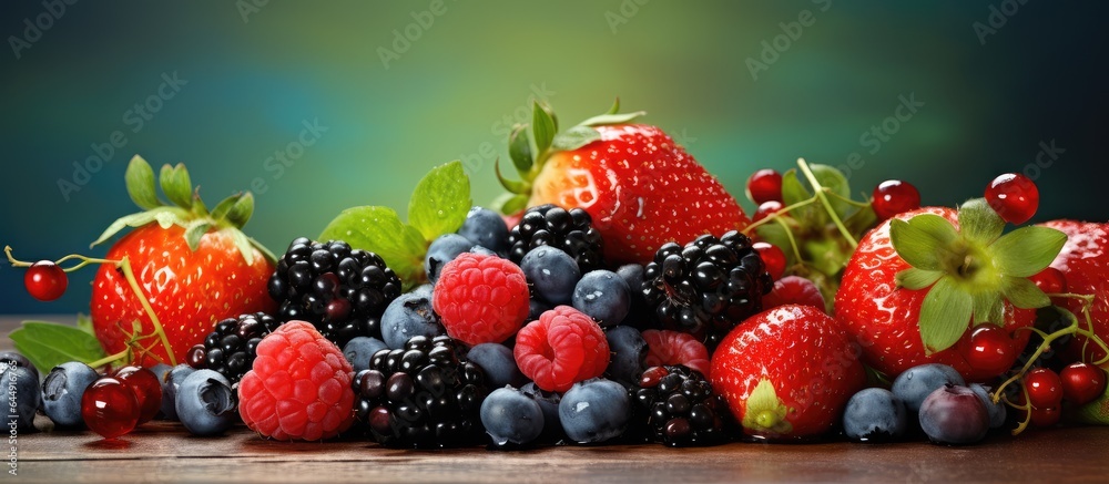 Poster delicious berries displayed on the table isolated pastel background copy space
