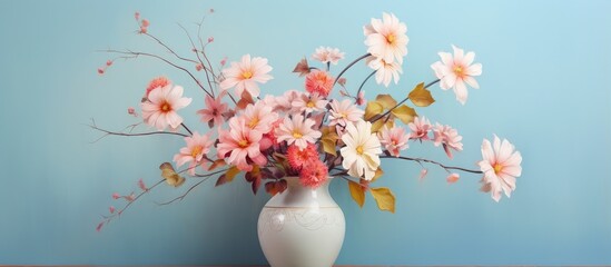 Artificial flowers in the vase isolated pastel background Copy space