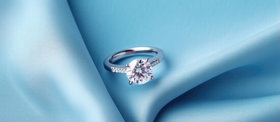 Blue cloths isolate a diamond engagement ring a ring for girls isolated pastel background Copy space