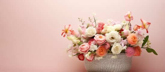 Flower filled basket with a blank card isolated and adorned isolated pastel background Copy space