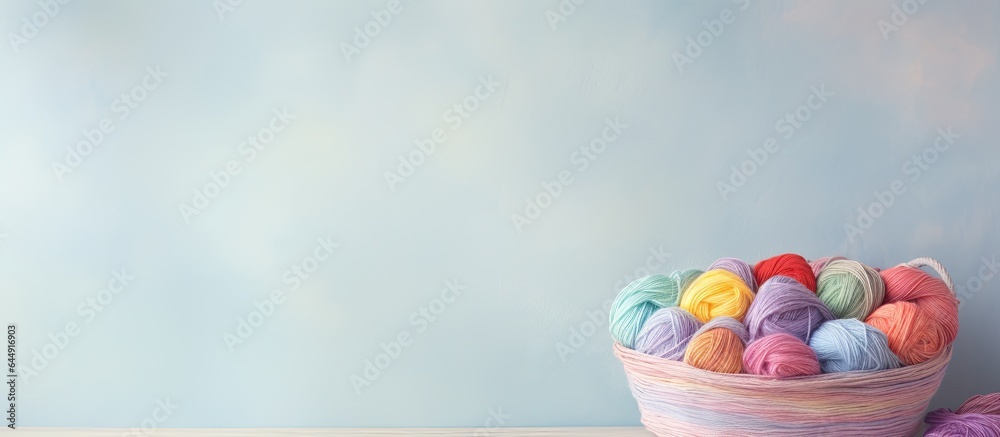 Poster Colorful threads in a dark basket isolated pastel background Copy space