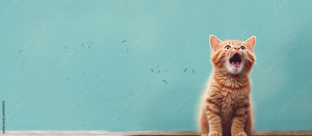 Poster A shouting cat on a bench colored red isolated pastel background Copy space