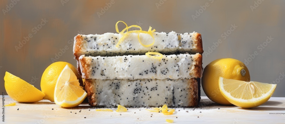 Aufkleber lemony loaf with poppy seeds and hidden lemon slices isolated pastel background copy space