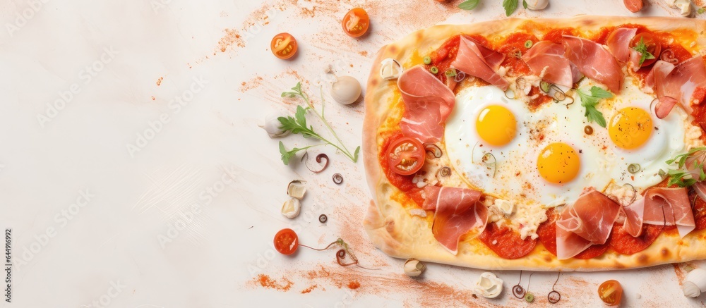 Poster a delicious and nutritious square bread with chicken eggs ham mayo and oregano tomato sauce on a bla