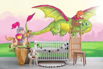 Baby room interior with crib and decor. Fairytale themed wallpapers with knight, dragon and princess
