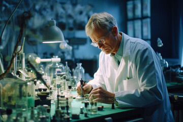 Elderly white-haired male biologist or scientist conducts medical research in a modern laboratory