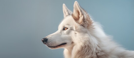 Portrait of a Yakutian laika dog against a isolated pastel background Copy space