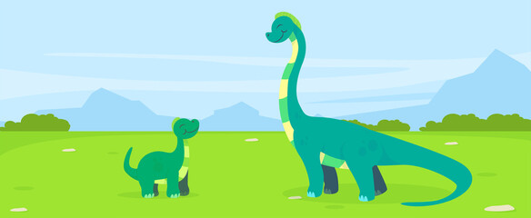 Two dinosaurs on green meadow, illustration. banner design
