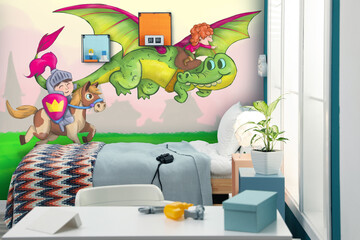 Kid's room interior with comfortable bed and other furniture. Fairytale themed wallpapers with...