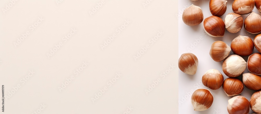Poster Isolated raw hazelnuts one broken nut for different uses isolated pastel background Copy space
