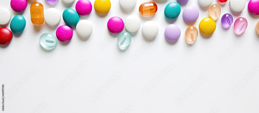 Poster closeup of multicolored pills ampules and capsules isolated on a isolated pastel background copy spa