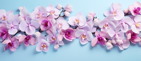 Vibrant array of orchid blossoms isolated pastel background Copy space