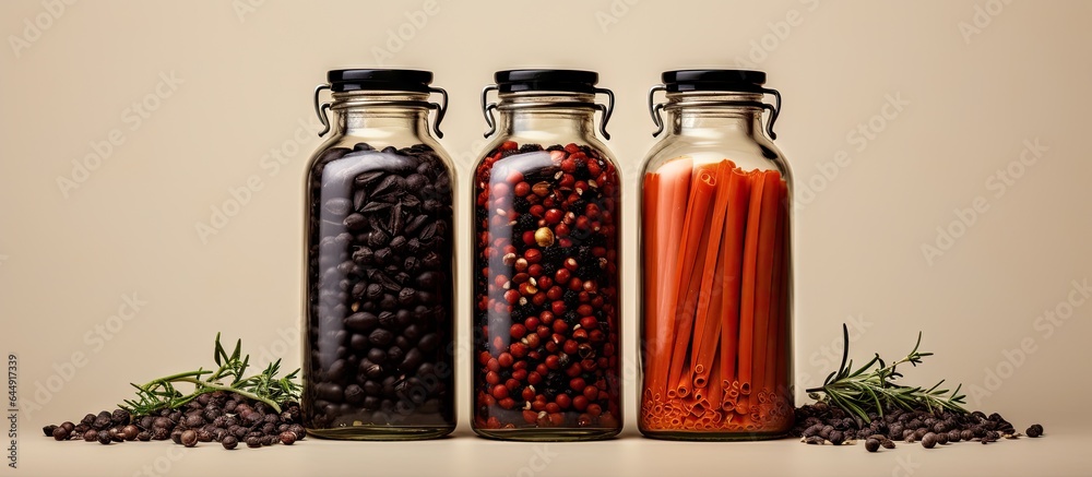 Poster red beans and black peppers mixed with rosemary pastas and assorted spices in glass bottles of three