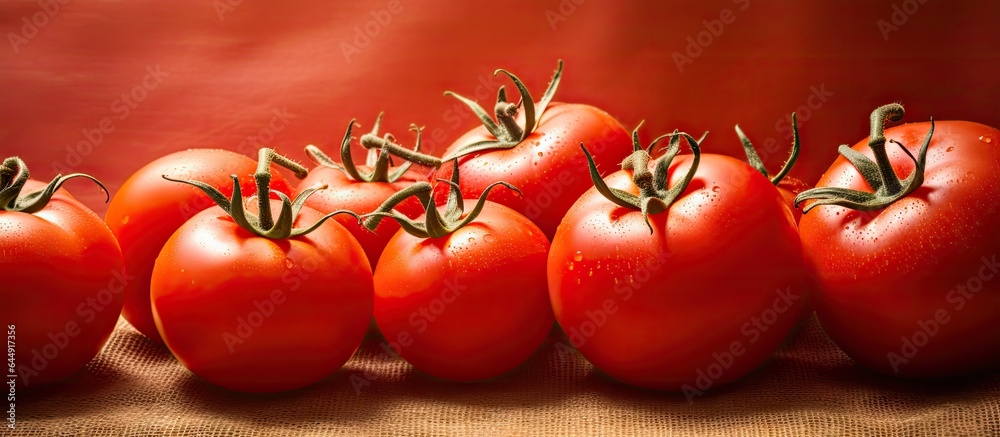 Poster close up of select red ripe tomatoes isolated pastel background copy space